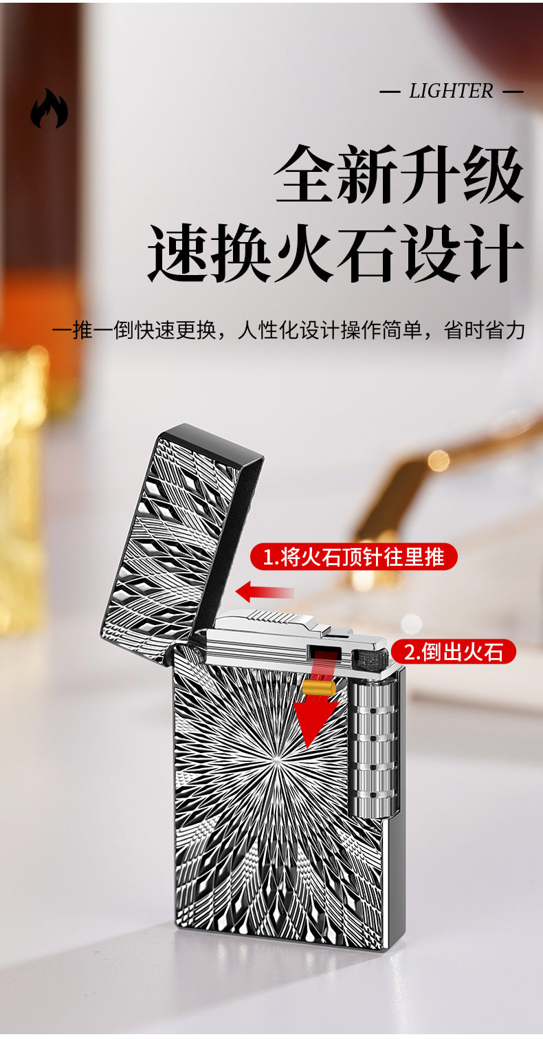 复古钢音朗声砂轮明火打火机高档男士礼物创意机身金属浮雕太阳花