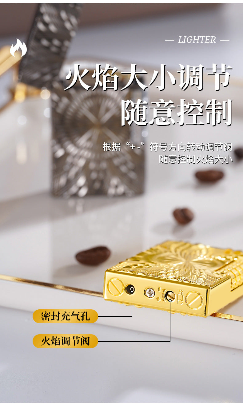 复古钢音朗声砂轮明火打火机高档男士礼物创意机身金属浮雕太阳花